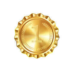 Realistic golden medal with engraved laurel wreath and number one. Versatile designs for custom awards and creative projects.