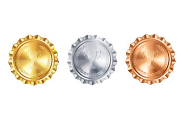 Gold, silver, and bronze cup shaped medals with engraved details. Perfect for honoring achievements and recognizing excellence