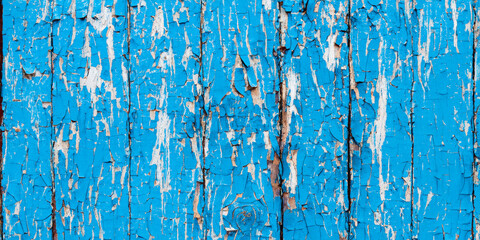 Fototapeta na wymiar texture of blue wooden planks with cracked paint. AI generated.