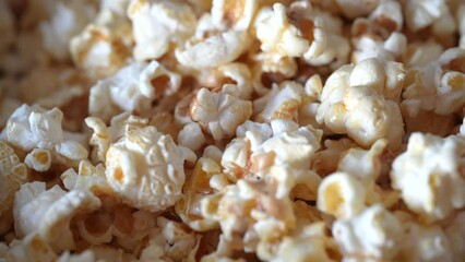 Zoom on tasty and fresh popcorn in an invisible bowl, extra macro with movement. 4 k. High quality 4k footage