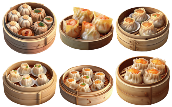 Dim Sum, fried and steamed small snacks from Chinese cuisine ,on a transparent background, Generative AI