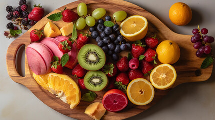 A wooden cutting board with a variety of colorful and freshly sliced fruits