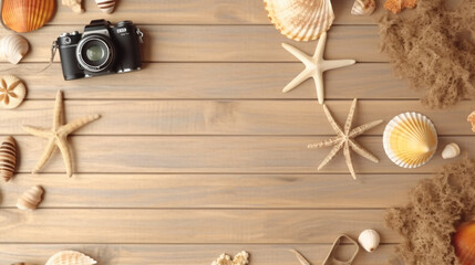Fototapeta na wymiar Flatly Top view Beach accessories starfish and seashell on wooden background
