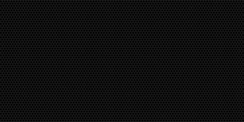 Dark grey abstract wide horizontal banner with hexagon carbon fiber grid and orange luminous lines. Technology vector background with orange neon lines. - obrazy, fototapety, plakaty