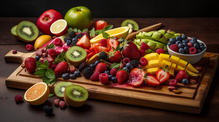 A wooden cutting board with a variety of colorful and freshly sliced fruits