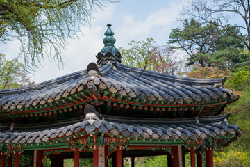 Part of the roof of an ancient Korean palace building. Gyeonghuigung palace, South Korea.