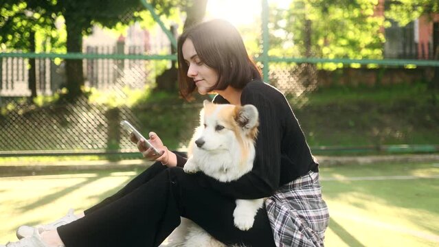 Pretty young woman using smartphone scrolling social media texting browsing online while hugging her cute fluffy corgi at playground Beautiful girl relaxing while chatting at mobile phone at park