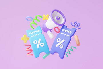 Amplifier loudspeaker refund online marketing concept. promotion coupons discount tag floating on purple background. pay money cashback ticket voucher. 3d rendering illustration. cartoon elements - obrazy, fototapety, plakaty