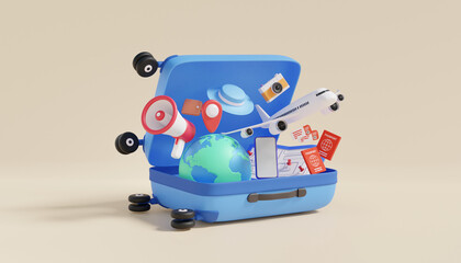 Leisure touring holiday summer concept. open suitcase flight airplane travel tourism plane trip planning world tour luggage with terrestrial globe location, cartoon minimal. 3d rendering illustration