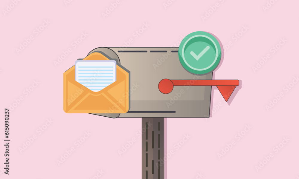 Poster cartoon mailbox with letter in envelope and check mark. confirmed message with tick. newsletter conc