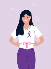 Uterine Fibroids symptoms, diagnostic and treatment. A young smiling girl points to the female reproductive organ. July is fibroid awareness month. A ribbon for a woman and a symbol of women's health.