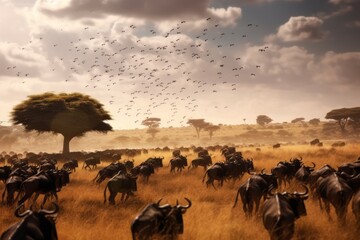 Annual wildebeest migration in the Serengeti, showcasing a vast landscape filled with thousands of animals on the move, symbolizing the circle of life and the beauty of nature. Generative AI