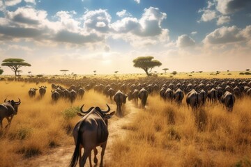 Fototapeta na wymiar Annual wildebeest migration in the Serengeti, showcasing a vast landscape filled with thousands of animals on the move, symbolizing the circle of life and the beauty of nature. Generative AI