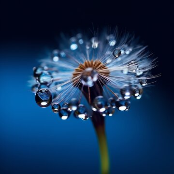 A drop of water on dandelion parachute on beautiful dark blue background. Bright elegant colorful artistic image of beauty of nature. Generative AI.