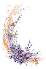 lavender and peach swashes with flowers, watercolor paint abstract border frame for design layout, isolated on a transparent background, generative ai