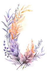 Fototapeta na wymiar lavender and peach swashes with flowers, watercolor paint abstract border frame for design layout, isolated on a transparent background, generative ai