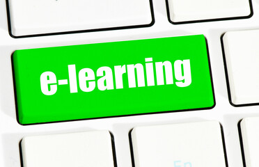 e-learning text on button of computer keyboard. Time for distance learning.