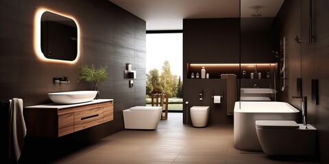 Fototapeta na wymiar AI Generated. AI Generative. House room bathroom spa toilet indoor architexture design with bath mirror ceramic and minimal luxury style vibe. Graphic Art