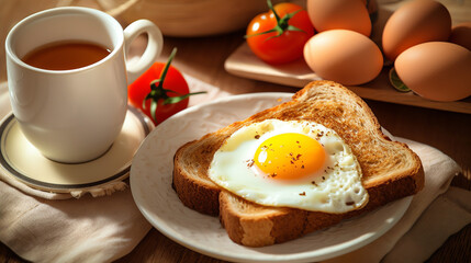 grilled bread and tomato with an egg on a plate with coffee