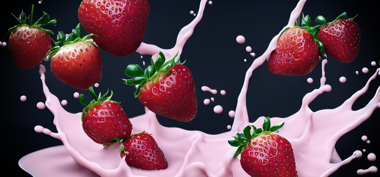 Strawberry milk splashing with strawberry isolated on Black background. Strawberry falling into pink milk or yogurt creamy liquid drink splash. Milky splash with strawberries against black. Close up