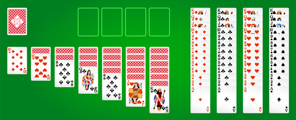 Playing solitaire game on green background with standard playing cards. Vector illustration.