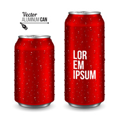Aluminum can with water drops. Realistic metallic can for beer, soda, lemonade, juice, energy drink. Vector template for your design.