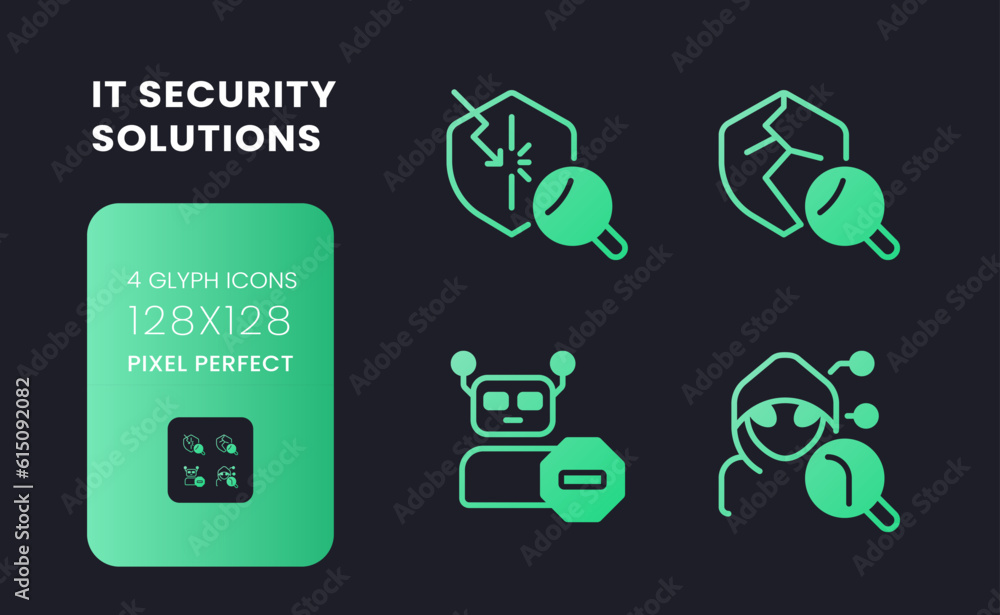 Poster cybersecurity solutions green solid gradient desktop icons. hacking prevention. bot traffic detectio