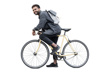 Young handsome man with bike isolated transparent PNG, Full length portrait of smiling student man with bicycle, Modern healthy lifestyle, travel, casual business concept - 615092435