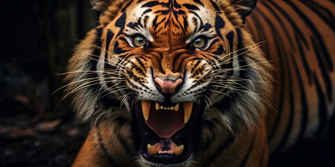 In the Heart of the Wilderness: Captivating face of the Mighty Tiger on dark background