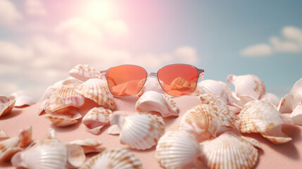 Obraz na płótnie Canvas summer desert picturing close up view of sunglasses and seashell sunny day sky with clouds