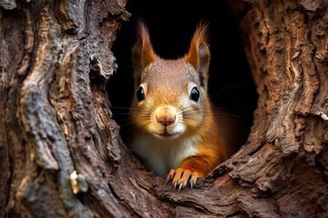 Naklejka na ściany i meble Squirrel hiding in a tree hole in the forest. Amazing wildlife. Generative Ai