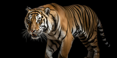  A Stealthy Tiger Prowling Gracefully Amidst a Black background