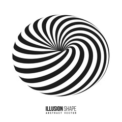 Abstract optical illusion shape. Hypnotic spiral object with black and white lines. Vector illustration.