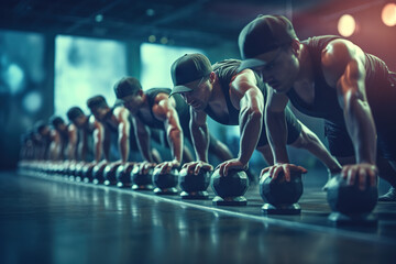 Large group of sporty muscular young men wearing sports caps doing push ups in row over round weights at gym.