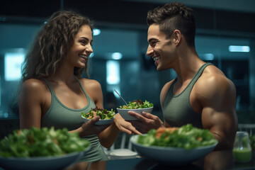 Sporty couple eating a healthy green salad with vegetables after exercising at gym.