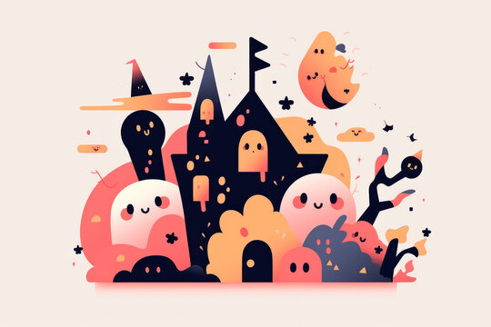 Cute halloween illustration with ghosts and pumpkins