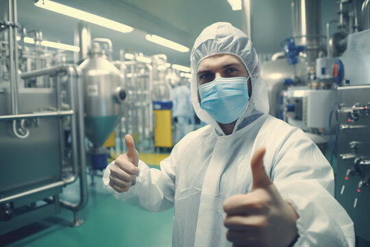 Man in protective suit, mask and gloves standing in food production factory and showing thumbs up.