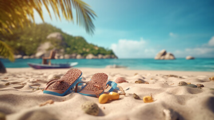 Fototapeta na wymiar Beach summer Outdoor Beach chair sunglasses with umbrella sunny day sky with clouds amazing blue ocean sea island