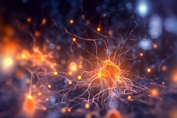 Synaptic connections in a neural network, with shimmering particles and a blurry background Generative AI