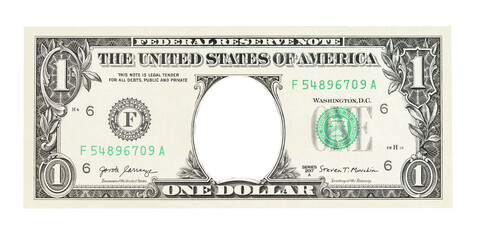 U.S. 1 dollar border. with Empty middle area. One dollar bill with hole instead of face.