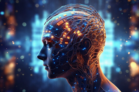 Cybernetic brain concept, merging human and digital elements, with a blurred background Generative AI
