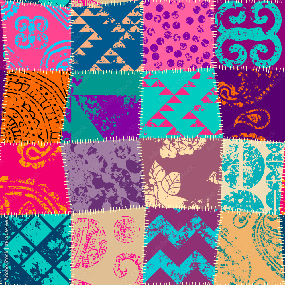 Aufkleber seamless textile pattern. textille patchwork pattern. vector image. grunge bright ornaments.