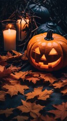 Autumn composition. Pumpkins, dry leaves. Autumn, halloween concept. Halloween background - old table with candles and branches on spooky night with full moon