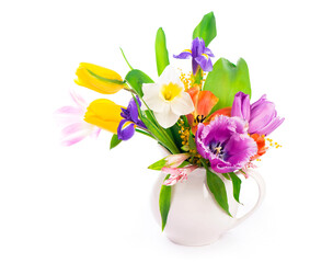 Bright spring bouquet in a white vase. spring flowers, daffodils, tulips, hyacinths, irises and mimosa isolated on a white background