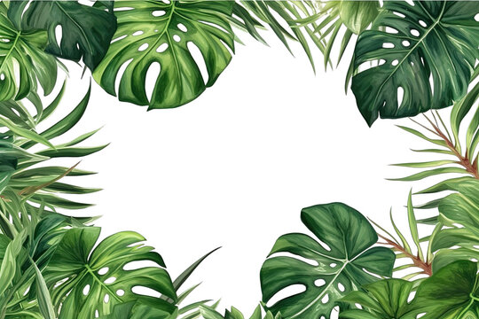 Monstera palm leaf frame isolated transparent background, tropical frame graphic