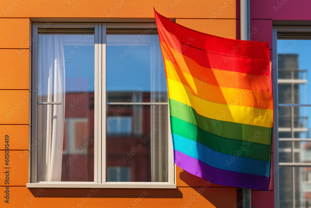 Poster a colorful lgbtq+ pride flag displayed in a window or balcony, serving as a visible sign of support 