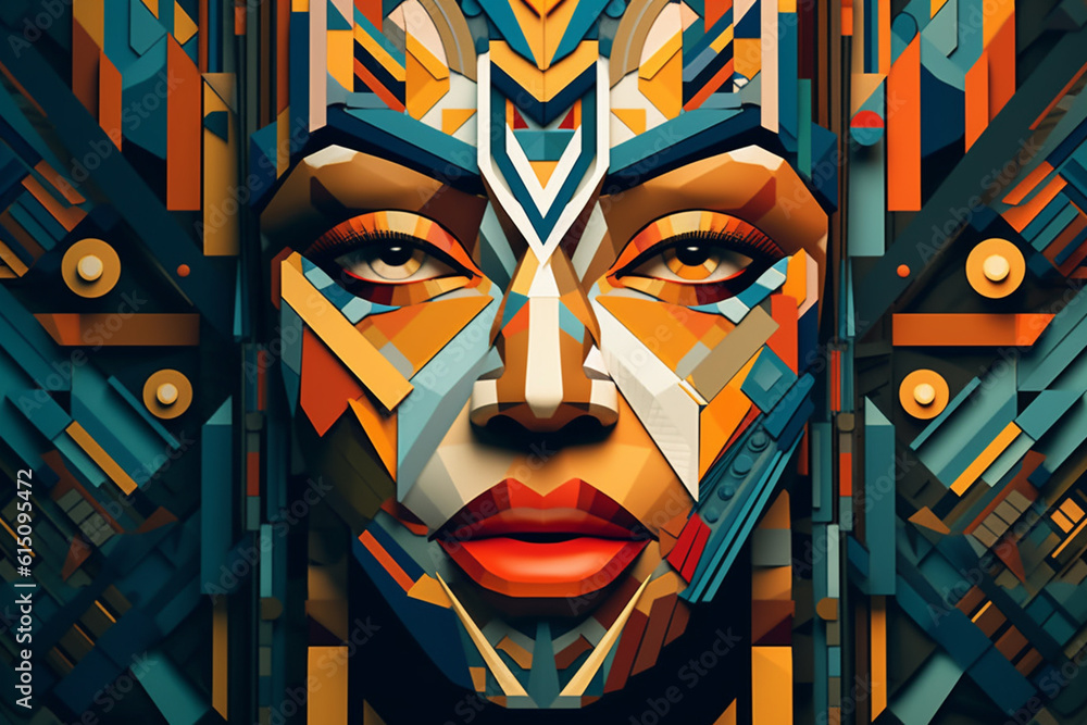 Poster A stylized geometric illustration of a queen's face, featuring sharp lines and intricate geometric patterns in vibrant colors.  Generative AI technology.