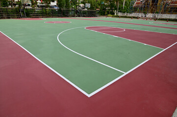Colorful Floor volleyball, futsal, basketball, badminton court with outdoor amphitheater in the school and universities. ourdoor sports concept.