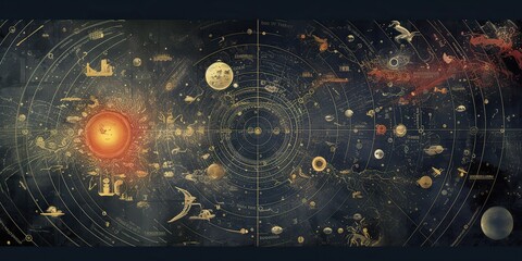 AI Generated. AI Generative. Vintage retro antoaue papper map of universe galaxy space astronomy. Stars cosmos adventure explore vibe. Graphic Art - obrazy, fototapety, plakaty