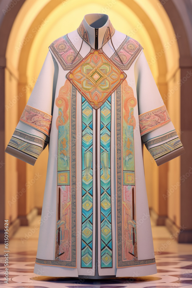 Poster a pastel-colored geometric-style king's robe with symmetrical patterns and intricate pastel motifs, 